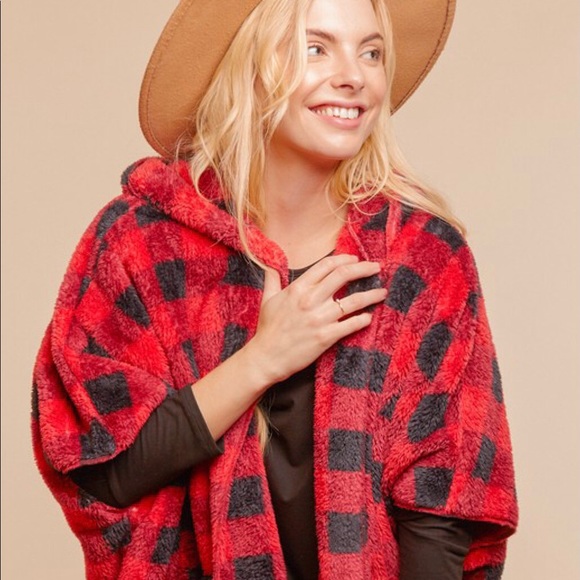 Red Plaid Sherpa Cardigan Open Front Hooded Relaxed Fit - Picture 9 of 11